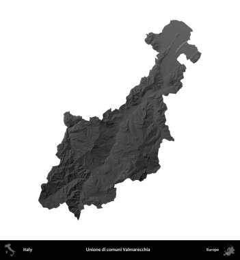 Unione di comuni Valmarecchia. İtalya 'nın idari bölgesi gri ölçekli yükseklik haritasında beyaza izole edildi