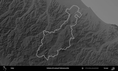 Unione di comuni Valmarecchia. İtalya 'nın idari bölgesi gri ölçekli bir yükselme haritasında özetlendi