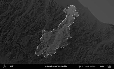 Unione di comuni Valmarecchia. İtalya 'nın idari alanı kararmış bir gri tonlama yükseklik haritasına vurgulandı ve özetlendi