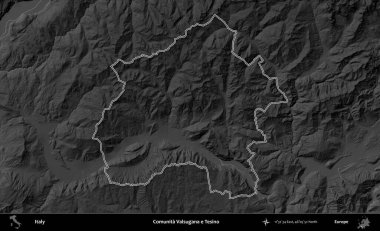 Comunita Valsugana ve Tesino. İtalya 'nın idari bölgesi gri ölçekli bir yükselme haritasında özetlendi