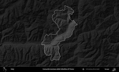 Comunita montana della Valtellina di Tirano. İtalya 'nın idari alanı kararmış bir gri tonlama yükseklik haritasına vurgulandı ve özetlendi