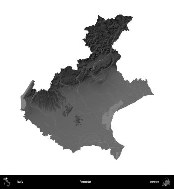 Veneto. İtalya 'nın idari bölgesi gri ölçekli yükseklik haritasında beyaza izole edildi