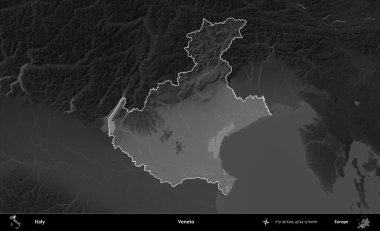 Veneto. İtalya 'nın idari alanı kararmış bir gri tonlama yükseklik haritasına vurgulandı ve özetlendi