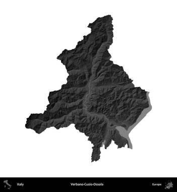 Verbano-Cusio-Ossola. İtalya 'nın idari bölgesi gri ölçekli yükseklik haritasında beyaza izole edildi