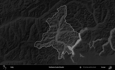 Verbano-Cusio-Ossola. İtalya 'nın idari alanı kararmış bir gri tonlama yükseklik haritasına vurgulandı ve özetlendi