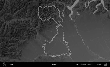 Vercelli. İtalya 'nın idari bölgesi gri ölçekli bir yükselme haritasında özetlendi