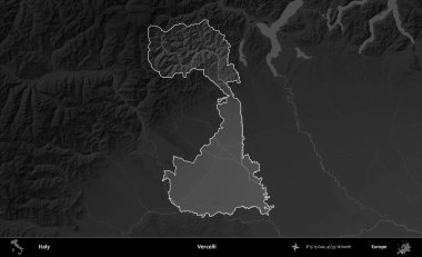 Vercelli. İtalya 'nın idari alanı kararmış bir gri tonlama yükseklik haritasına vurgulandı ve özetlendi