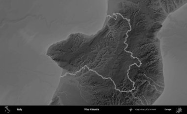 Vibo Valentia. İtalya 'nın idari bölgesi gri ölçekli bir yükselme haritasında özetlendi