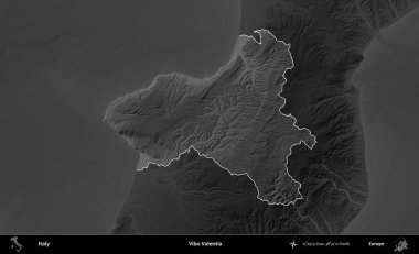 Vibo Valentia. İtalya 'nın idari alanı kararmış bir gri tonlama yükseklik haritasına vurgulandı ve özetlendi