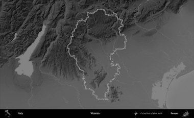 Vicenza. İtalya 'nın idari bölgesi gri ölçekli bir yükselme haritasında özetlendi