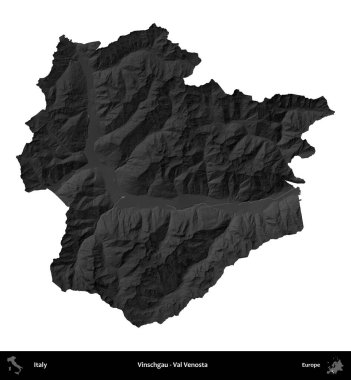 Vinschgau - Val Venosta. İtalya 'nın idari bölgesi gri ölçekli yükseklik haritasında beyaza izole edildi