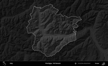 Vinschgau - Val Venosta. İtalya 'nın idari alanı kararmış bir gri tonlama yükseklik haritasına vurgulandı ve özetlendi