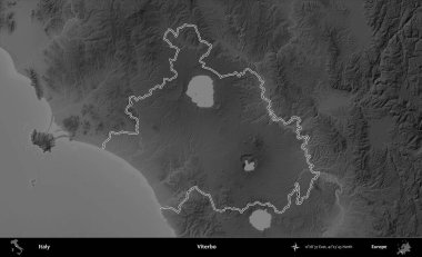 Viterbo. İtalya 'nın idari bölgesi gri ölçekli bir yükselme haritasında özetlendi