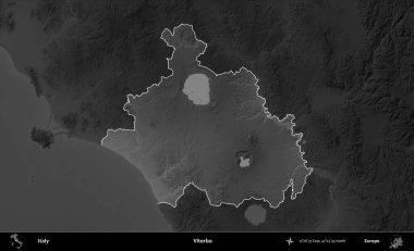 Viterbo. İtalya 'nın idari alanı kararmış bir gri tonlama yükseklik haritasına vurgulandı ve özetlendi