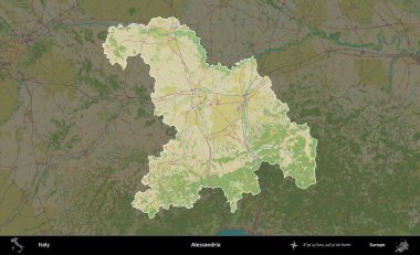 Alessandria. İtalya 'nın idari alanı koyu renkli bir Topografik İnsani Yardım Stili haritasına vurgulandı ve özetlendi