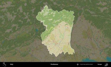 Pordenone. İtalya 'nın idari alanı koyu renkli bir Topografik İnsani Yardım Stili haritasına vurgulandı ve özetlendi