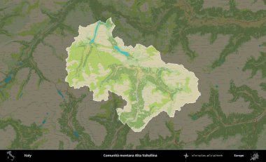 Comunita montana Alta Valtellina. İtalya 'nın idari alanı koyu renkli bir Topografik İnsani Yardım Stili haritasına vurgulandı ve özetlendi