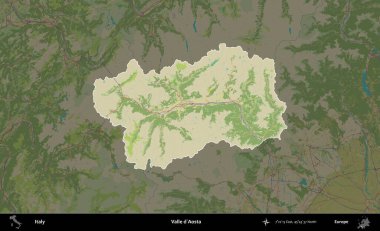 Valle d'Aosta. İtalya 'nın idari alanı koyu renkli bir Topografik İnsani Yardım Stili haritasına vurgulandı ve özetlendi