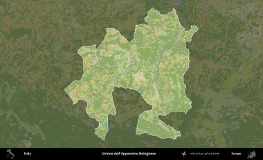 Unione Dell 'Appennino Bolonez. İtalya 'nın idari alanı koyu renkli bir Topografik İnsani Yardım Stili haritasına vurgulandı ve özetlendi