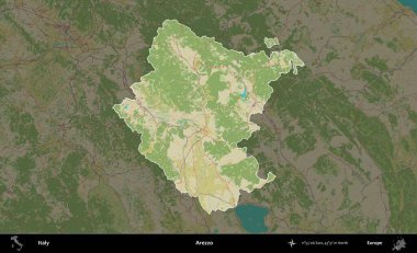 Arezzo. İtalya 'nın idari alanı koyu renkli bir Topografik İnsani Yardım Stili haritasına vurgulandı ve özetlendi