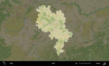 Asti. İtalya 'nın idari alanı koyu renkli bir Topografik İnsani Yardım Stili haritasına vurgulandı ve özetlendi