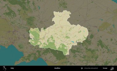 Avellino. İtalya 'nın idari alanı koyu renkli bir Topografik İnsani Yardım Stili haritasına vurgulandı ve özetlendi