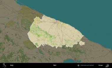 Bari. İtalya 'nın idari alanı koyu renkli bir Topografik İnsani Yardım Stili haritasına vurgulandı ve özetlendi