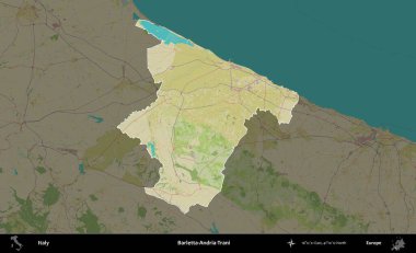 Barletta-Andria-Trani. İtalya 'nın idari alanı koyu renkli bir Topografik İnsani Yardım Stili haritasına vurgulandı ve özetlendi