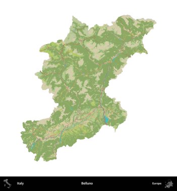 Belluno. İtalya 'nın idari bölgesi Topografik İnsani Stil Haritasında beyaza izole edildi