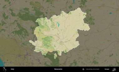 Benevento. İtalya 'nın idari alanı koyu renkli bir Topografik İnsani Yardım Stili haritasına vurgulandı ve özetlendi