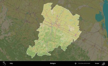 Bologna. İtalya 'nın idari alanı koyu renkli bir Topografik İnsani Yardım Stili haritasına vurgulandı ve özetlendi