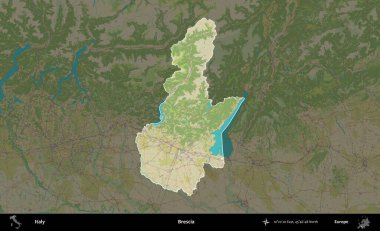 Brescia 'da. İtalya 'nın idari alanı koyu renkli bir Topografik İnsani Yardım Stili haritasına vurgulandı ve özetlendi