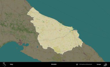 Brindisi. İtalya 'nın idari alanı koyu renkli bir Topografik İnsani Yardım Stili haritasına vurgulandı ve özetlendi