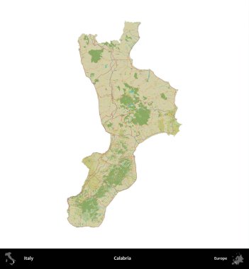 Calabria. İtalya 'nın idari bölgesi Topografik İnsani Stil Haritasında beyaza izole edildi