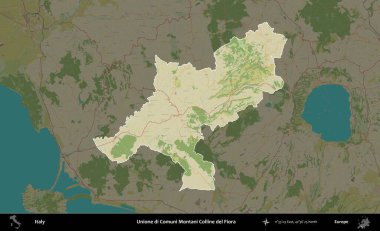 Unione di Comuni Montani Colline del Fiora. İtalya 'nın idari alanı koyu renkli bir Topografik İnsani Yardım Stili haritasına vurgulandı ve özetlendi