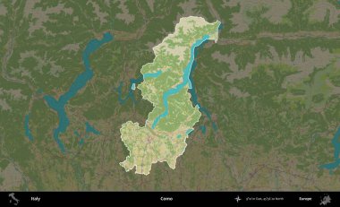 Como. İtalya 'nın idari alanı koyu renkli bir Topografik İnsani Yardım Stili haritasına vurgulandı ve özetlendi