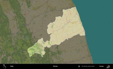 Fermo. İtalya 'nın idari alanı koyu renkli bir Topografik İnsani Yardım Stili haritasına vurgulandı ve özetlendi