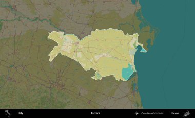Ferrara. İtalya 'nın idari alanı koyu renkli bir Topografik İnsani Yardım Stili haritasına vurgulandı ve özetlendi