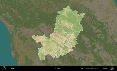 Firenze. İtalya 'nın idari alanı koyu renkli bir Topografik İnsani Yardım Stili haritasına vurgulandı ve özetlendi