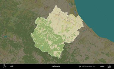 Forli-Cesena. İtalya 'nın idari alanı koyu renkli bir Topografik İnsani Yardım Stili haritasına vurgulandı ve özetlendi