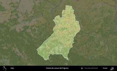Unione dei comuni del Frignano. İtalya 'nın idari alanı koyu renkli bir Topografik İnsani Yardım Stili haritasına vurgulandı ve özetlendi