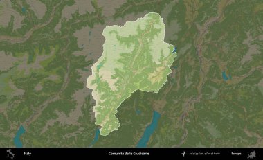 Comunita delle Giudicarie. İtalya 'nın idari alanı koyu renkli bir Topografik İnsani Yardım Stili haritasına vurgulandı ve özetlendi