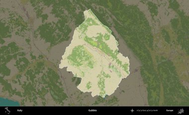 Gubbio. İtalya 'nın idari alanı koyu renkli bir Topografik İnsani Yardım Stili haritasına vurgulandı ve özetlendi