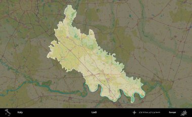 Lodi. İtalya 'nın idari alanı koyu renkli bir Topografik İnsani Yardım Stili haritasına vurgulandı ve özetlendi