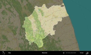 Macerata. İtalya 'nın idari alanı koyu renkli bir Topografik İnsani Yardım Stili haritasına vurgulandı ve özetlendi