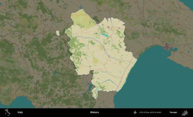Matera. İtalya 'nın idari alanı koyu renkli bir Topografik İnsani Yardım Stili haritasına vurgulandı ve özetlendi