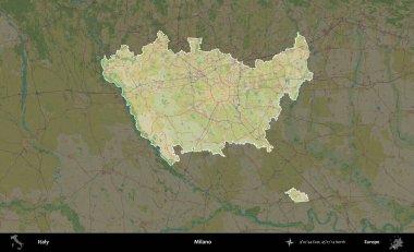 Milano. İtalya 'nın idari alanı koyu renkli bir Topografik İnsani Yardım Stili haritasına vurgulandı ve özetlendi