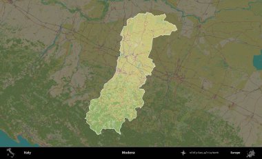 Modena. İtalya 'nın idari alanı koyu renkli bir Topografik İnsani Yardım Stili haritasına vurgulandı ve özetlendi