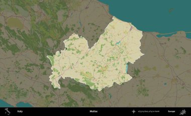 Molise. İtalya 'nın idari alanı koyu renkli bir Topografik İnsani Yardım Stili haritasına vurgulandı ve özetlendi