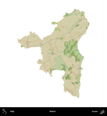 Nuoro. İtalya 'nın idari bölgesi Topografik İnsani Stil Haritasında beyaza izole edildi
